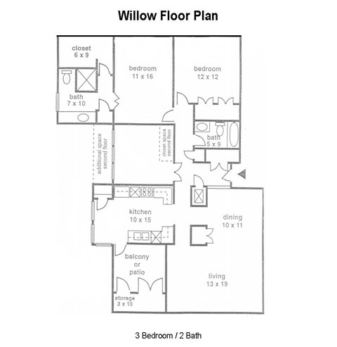Floor plan for 3 beds, 2 baths, 1533 sqft